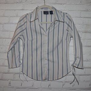 🤍💙 Cotton Express White & Blue Striped Button‑Down · Size Small · 3/4 sleeves